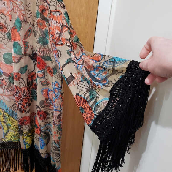 Sans Souci, tan orange green blue black kimono fringe cardigan, large - Picture 4 of 15